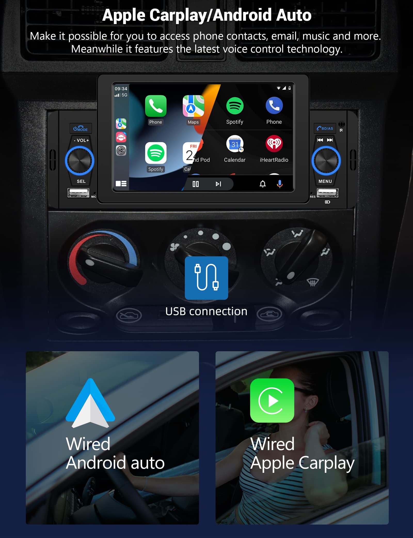 Carplay Single Din Radio 5 Inch Touch Screen Car Stereo With Car Play Android Auto, Bluetooth 5.1, Hd Backup Camera, Mirror Link